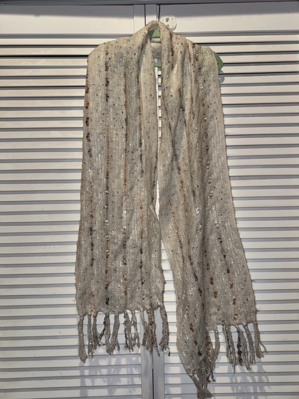 Cozy Cream Knit Fringe Scarf with Metallic Thread
